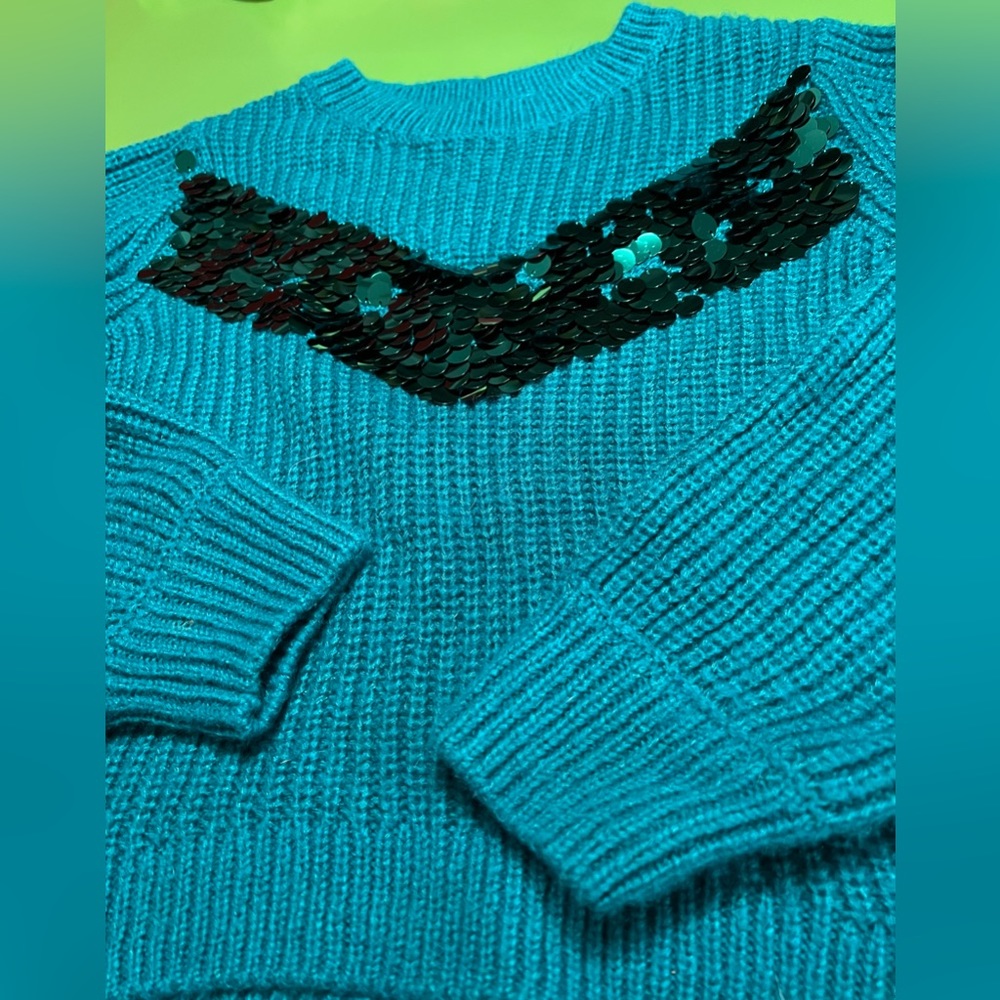 11-12Y Boden teal knit sweater with big mermaid green sequins holiday glam shirt